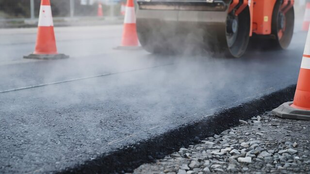  an asphalt paving machine compacting freshly laid asphalt for road construction