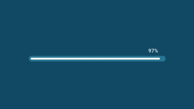 Animated motion graphics showing a thin white progress bar reaching 97% over a dark blue background. Represents nearly completed system processes, file downloads, data transfers, or software installat