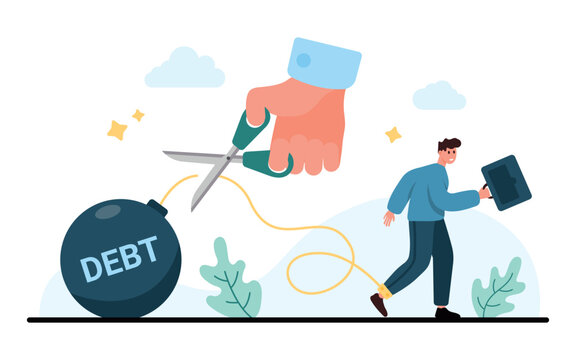 Businessman walks away as giant scissors cut the rope tied to a debt bomb, showing freedom from loans, repayment success, and financial relief isolated on white background vector illustration
