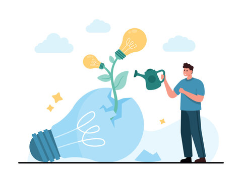Man watering a growing plant with glowing bulbs emerging from a broken lightbulb, showing creativity, innovation and idea development isolated on white background vector illustration