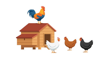 Rooster hens and wooden coop illustration with a flat colorful style on a white background chicken hen © Ramkrisna
