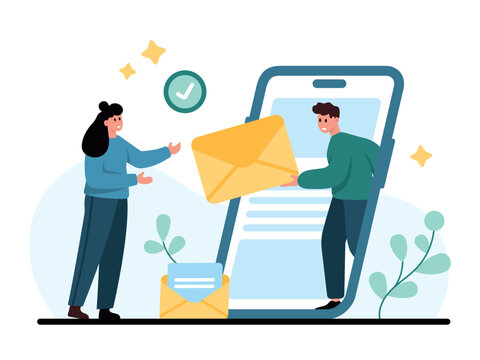 People exchanging digital messages through a smartphone screen with envelope icons, check mark and modern flat interface, isolated on white background vector illustration