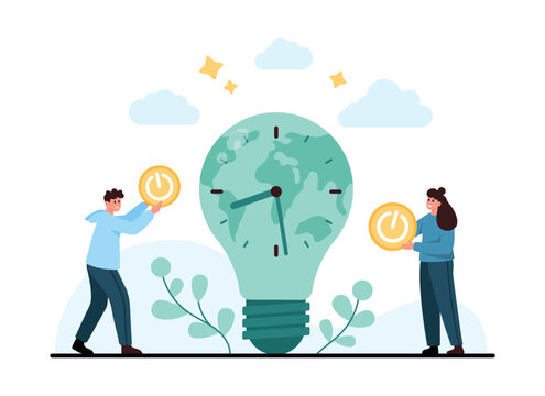 People hold power buttons beside a globe shaped light bulb clock for Earth Hour, showing energy saving, climate awareness, and sustainable action isolated on white background vector illustration