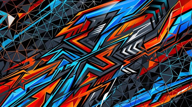 Complex red and blue tech shards on wireframe background.