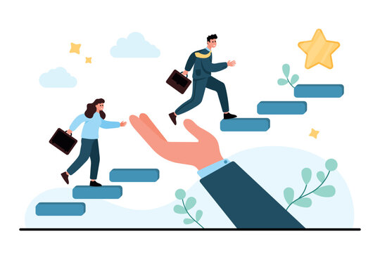 Business people climbing steps toward a star with helping hand support, showing employee career promotion, mentorship, success and workplace growth isolated on white background vector illustration