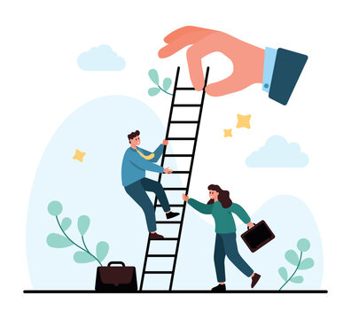 Business scene shows employee support for promotion and career growth, with manager hand guiding ladder climb, teamwork success and mentorship isolated on white background vector illustration