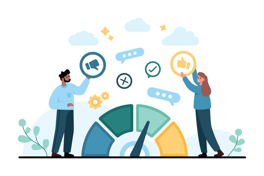 Man and woman compare negative and positive customer reviews around a satisfaction gauge with chat bubbles, check mark, thumbs icons, isolated on white background vector illustration