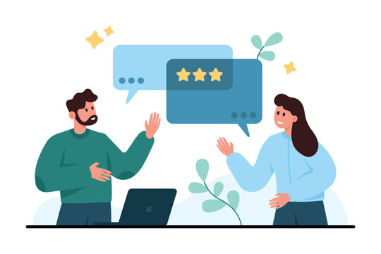 Man and woman discuss customer feedback with chat bubbles and star rating above laptop, showing online review, client opinion, service evaluation, isolated on white background vector illustration