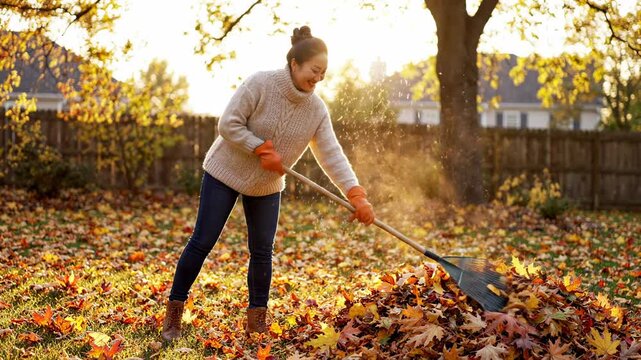 Woman raking colorful autumn leaves in backyard, golden hour sunlight filtering through trees, preparing for winter, seasonal chore
