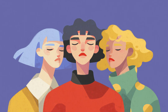 Three women with closed eyes and sad expressions, suggesting a feeling of despair or sadness