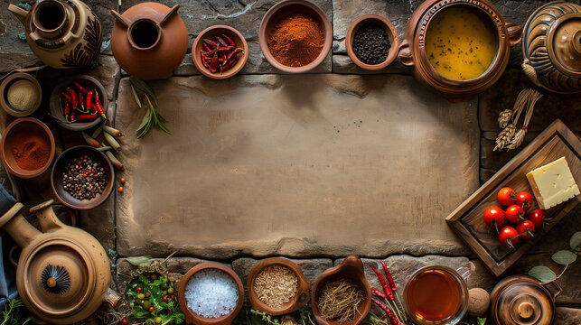 Overhead flat lay of traditional food ingredients framing empty centre space, clay pottery, brass samovar, spices and tomatoes on a rustic stone counter