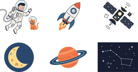Space Exploration and Astronomy Illustration Set with Floating Astronaut Cat Rocket Launch Satellite Moon Planet Saturn and Dipper Constellation Symbols © monoara