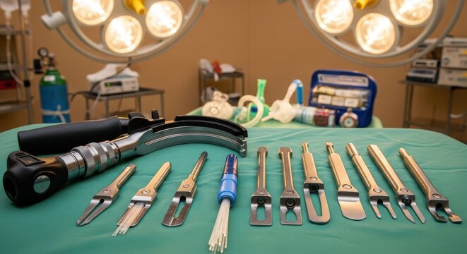 Assortment of Surgical Instruments for Laryngoscopy Arranged on a Green Drape in an Operating Room with Overhead Lights
