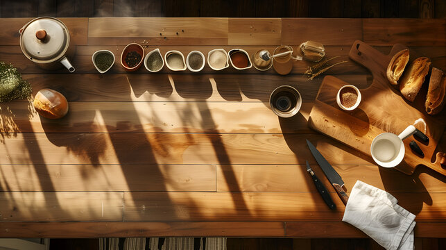Minimalist Wooden Kitchen Counter Flat Lay with Bread, Tea, Spices, Knives and Empty Copy Space