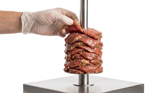 Professional chef stacking raw marinated meat on a vertical spit for shawarma
