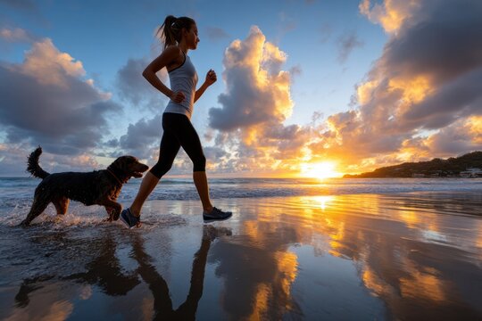 Woman jogging with dog on beach at golden sunset
