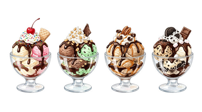 Gourmet watercolor ice cream sundaes in glass bowls with fudge, caramel, wafer, and cookie toppings