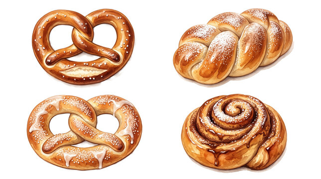 Watercolor bakery set with soft pretzels, braided challah bread, and cinnamon roll