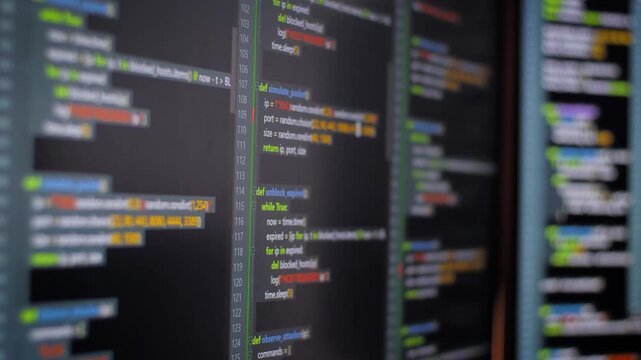 Close up computer monitors displaying fictional programming code and software development interface, technology workspace concept