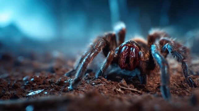 A close-up shot of a tarantula crawling on the earth, emphasizing its intricate features and natural habitat, showcasing the fascinating world of arachnids and wildlife.