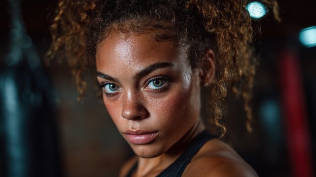 An intense close-up portrait of a female athlete with curly hair, showcasing determination and focus, highlighting the strength and passion of training in a dynamic sport.