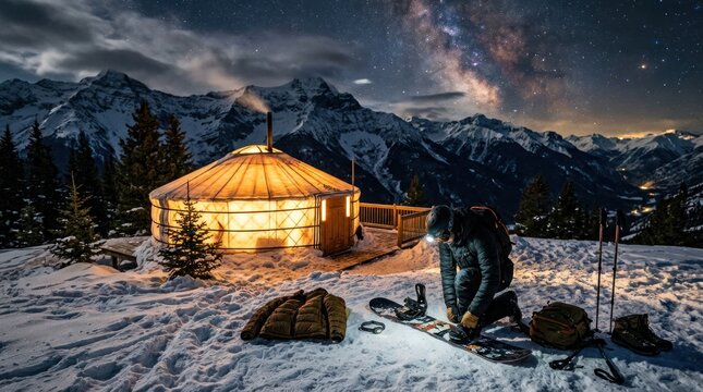 Cozy Yurt Under a Starry Night Sky in the Snowy Mountains.