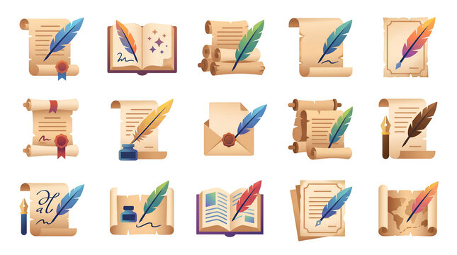 Bill of rights and historical document flat icon set featuring vintage parchment scrolls quills and wax seals