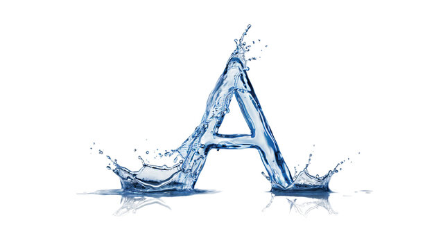 Water splash letter A on white background, liquid alphabet typography with blue ripples, refreshing aquatic font for beverage branding and design