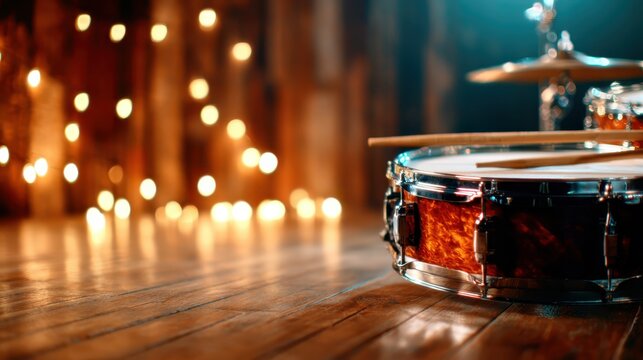 A beautifully crafted snare drum is set on a wooden floor, illuminated by soft lights, capturing the essence of music and rhythm in an artistic ambiance.