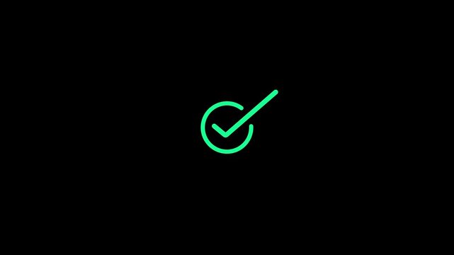 Check mark symbol animation. Animation of check mark icon. Approve and confirm sign. Correct symbol in motion graphic. Transparent background with alpha channel