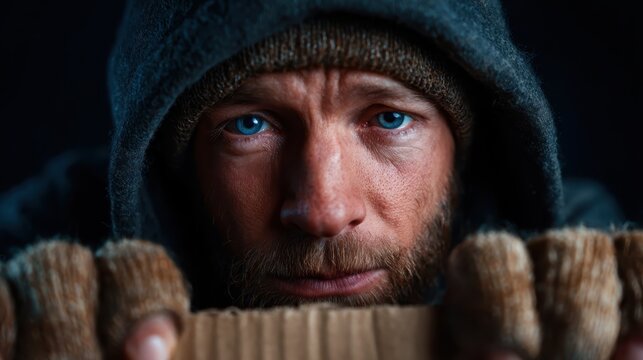 A portrait of a homeless man with a rugged appearance looking directly at the camera, conveying emotions of hardship, vulnerability, and the need for compassion in society.