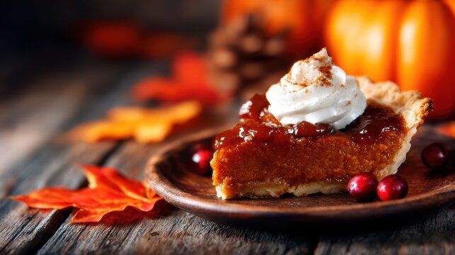 A luscious slice of pumpkin pie topped with whipped cream and surrounded by seasonal decorations, evoking the warmth and comfort of autumn festivities and family gatherings.