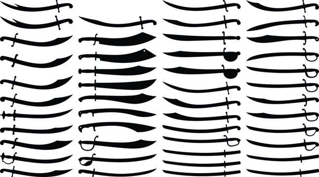 Large collection of black silhouette curved swords, sabers, scimitars, and cutlasses isolated on white background.