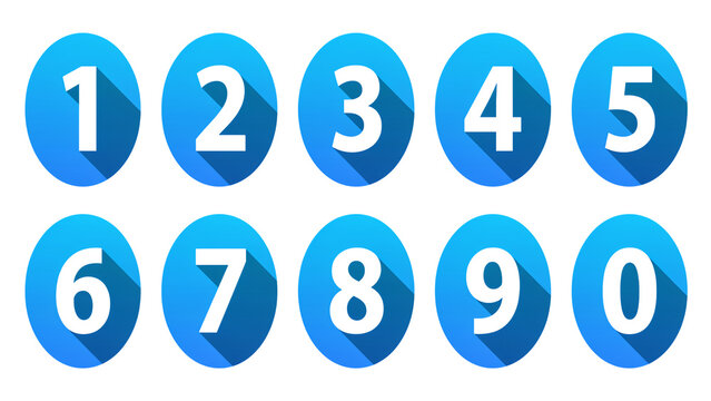 Modern blue number icons set from 0 to 9, flat design numeric symbols with long shadows, professional counting sequence for web and app interfaces