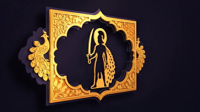 3D Animation Of Traditional Indian Golden Frame With Peacock Motifs And Maharana Pratap Warrior Silhouette Concept For Jayanti Festival.