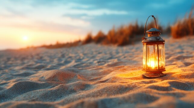 A vintage lantern emits a warm glow on the sandy beach as the sun sets, creating a serene and peaceful atmosphere perfect for an evening escape or a romantic setting.