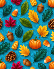 Fototapeta premium Autumn festival seamless pattern with pumpkin leaf acorn corn and pine cone on blue geometric background