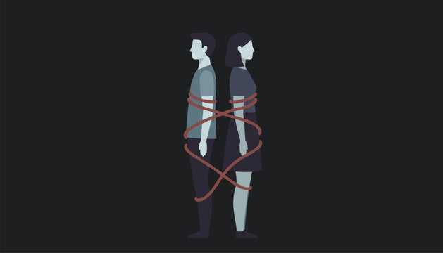 Distressed man and woman bound back-to-back with ropes illustrating emotional codependency and toxic relationship patterns.