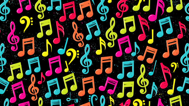 Seamless repeating colorful music note pattern on black background with bright flat notes and treble clef, lively abstract wallpaper