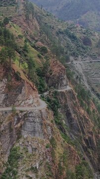 Vertical Aerial View of Winding Mountain Road in Pangi Valley, Himachal Pradesh