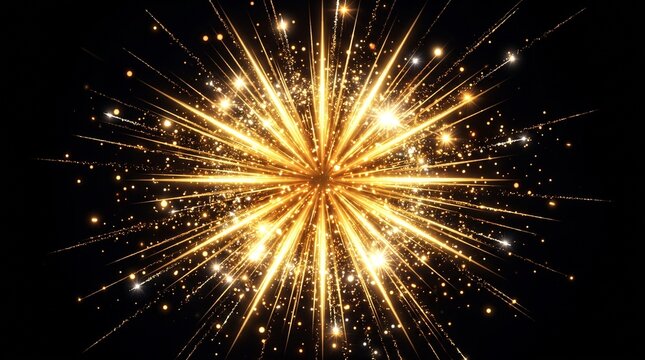 Estallido de estrella dorada con destellos brillantes, part&iacute;culas de luz y rayos radiantes sobre un fondo negro profundo. Un efecto visual de celebraci&oacute;n, energ&iacute;a y elegancia.