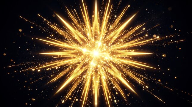 Estallido de estrella dorada con destellos brillantes, part&iacute;culas de luz y rayos radiantes sobre un fondo negro profundo. Un efecto visual de celebraci&oacute;n, energ&iacute;a y elegancia.