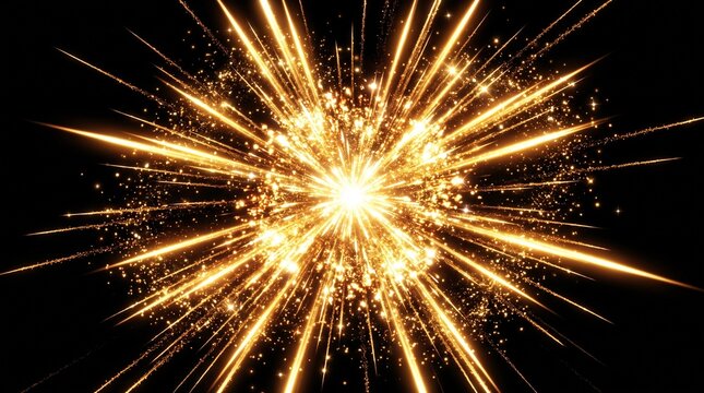 Estallido de estrella dorada con destellos brillantes, part&iacute;culas de luz y rayos radiantes sobre un fondo negro profundo. Un efecto visual de celebraci&oacute;n, energ&iacute;a y elegancia.