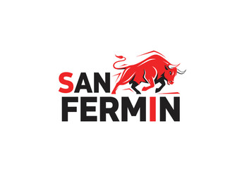 San Fermin bull logo with text and running bull illustration.
