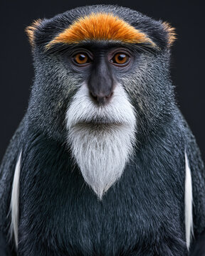 Monkey portrait male monkey primate face animal portrait black fur orange brow white beard dark background