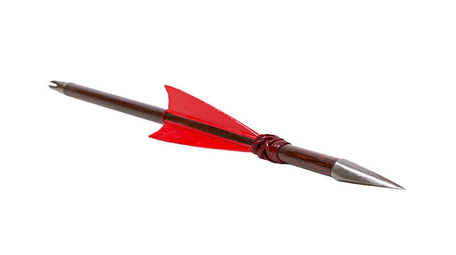 Wooden arrow with red fletching and metal tip