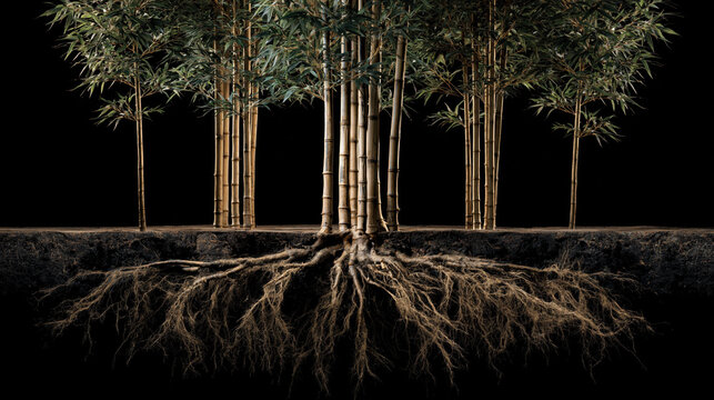 Bamboo tree with root system isolated on black background botanical growth underground root network tropical plant study natural ecology tall stem green leaf garden plant