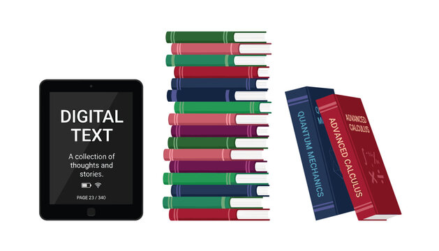 Electronic tablet reader next to a tall stack of books. Academic textbooks, literature, education, digital media