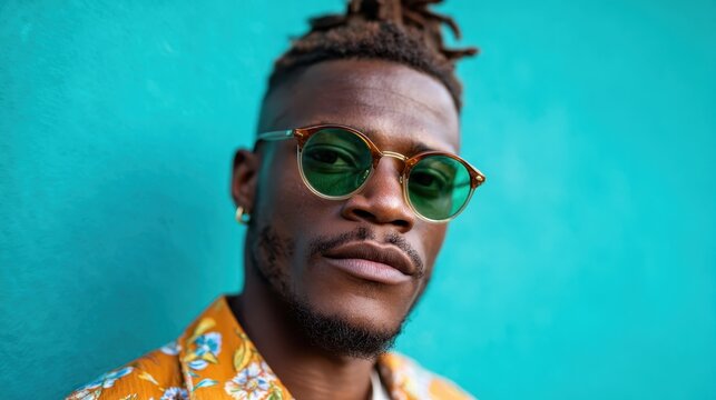 A fashionable man wearing sunglasses poses confidently in front of a vibrant turquoise wall, showcasing his style and individuality with a modern flair.