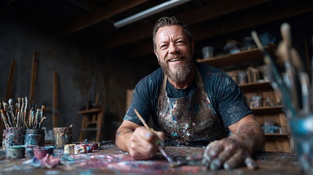 An enthusiastic artist smiling in his paint-splattered studio, showcasing creativity, passion for art, and the joy of self-expression through colorful mediums and brushes.